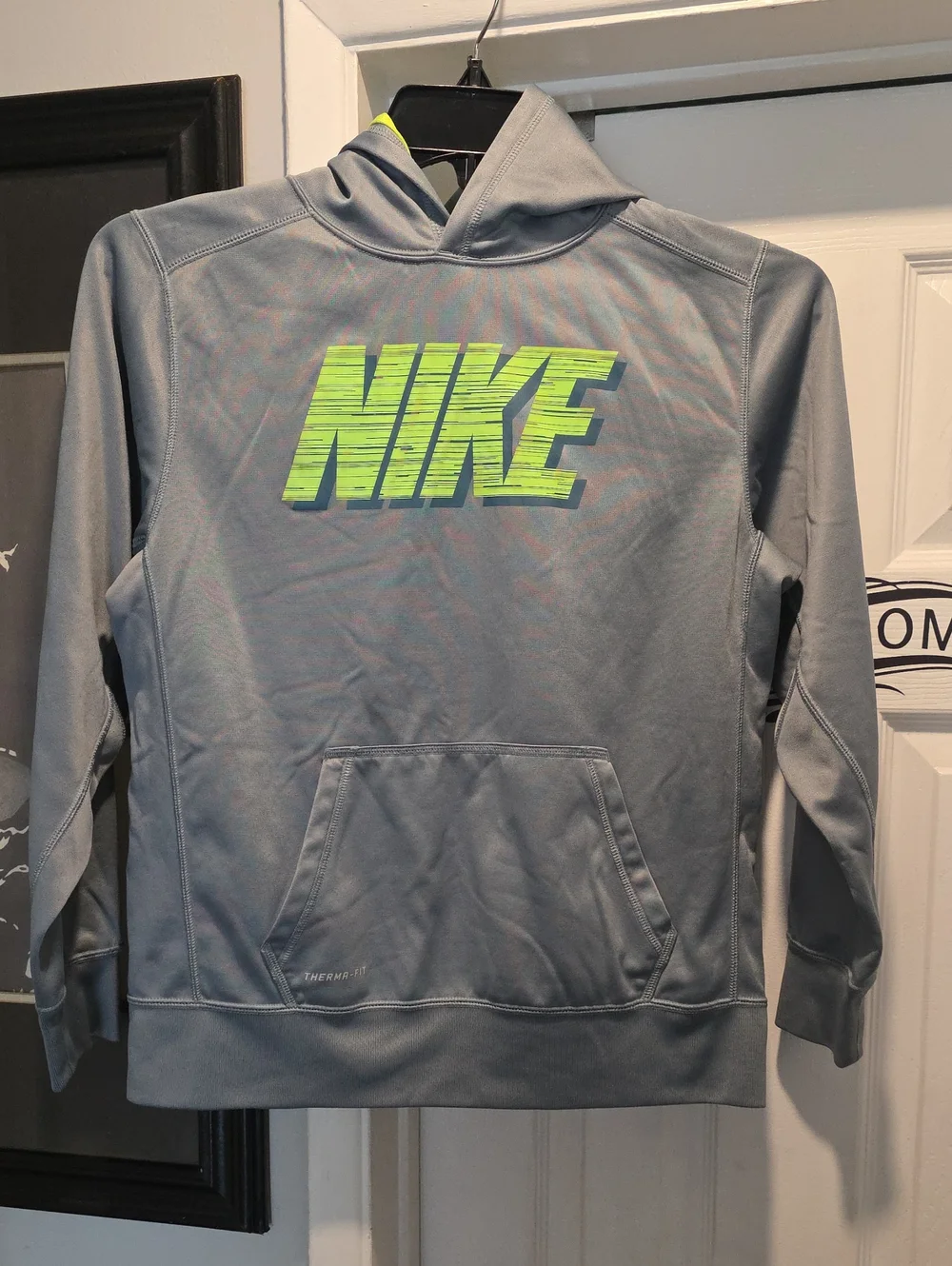 Nike Gray Hoodie with Bright Green Logo Zip-Up Sweater